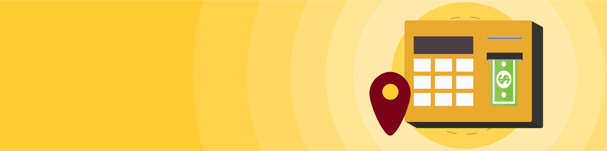 A gold and maroon pattern with an ATM icon.